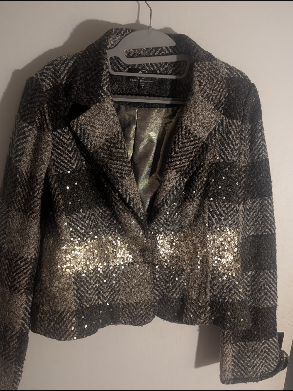 True Meaning Olive, Tan and Gold Sequined Herringbone Blazer